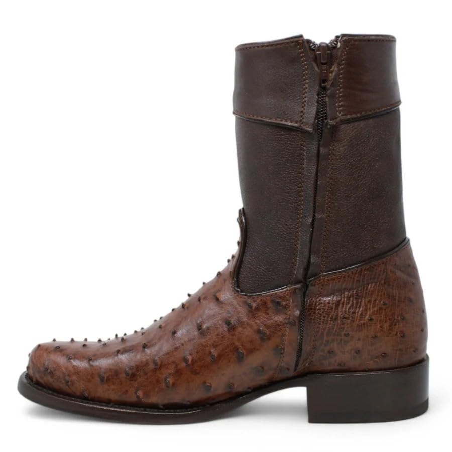 Brown Ostrich Skin Western Cowboy Boots with Zipper S5979
