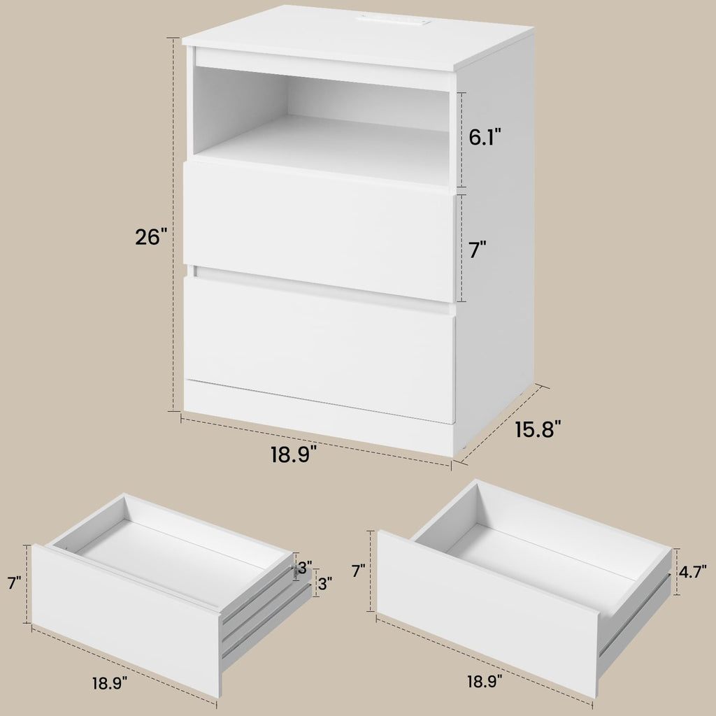 White Nightstand with Charging Station and Hidden Drawer M693