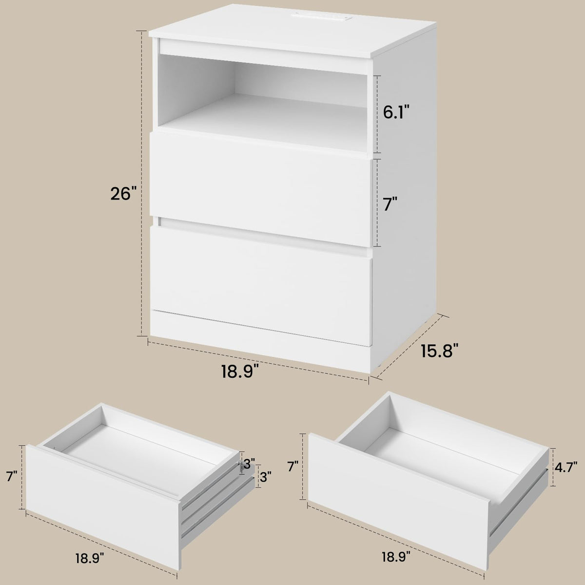 White Nightstand with Charging Station and Hidden Drawer M693