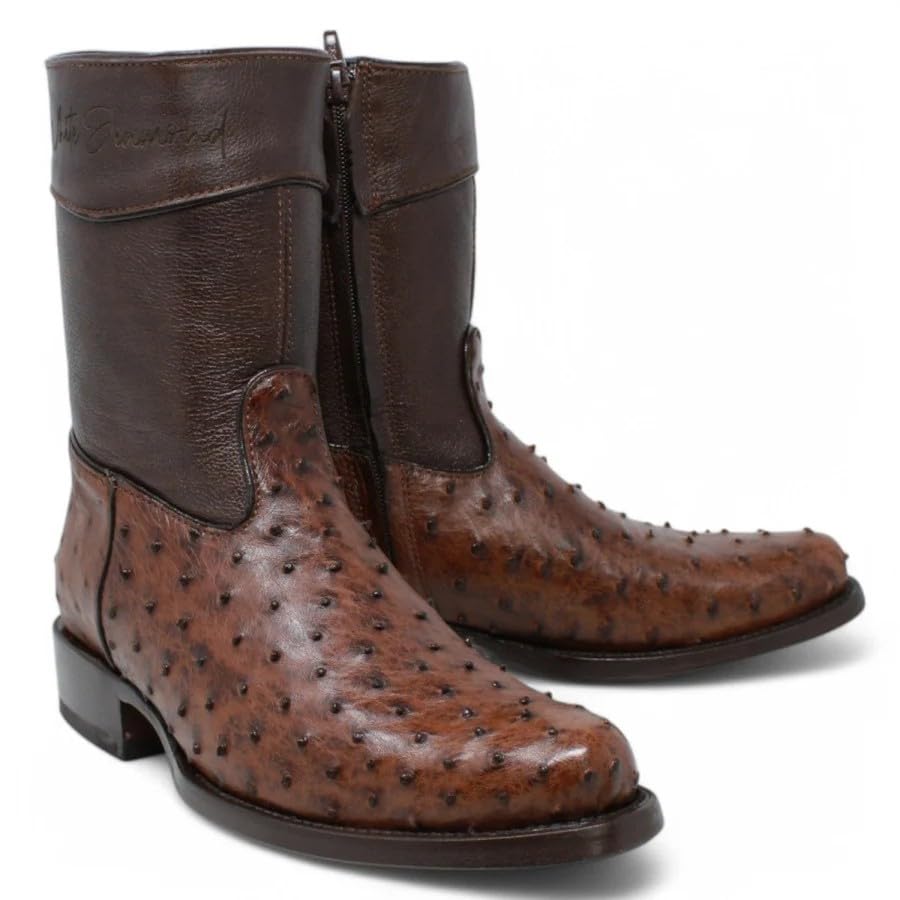 Brown Ostrich Skin Western Cowboy Boots with Zipper S5979