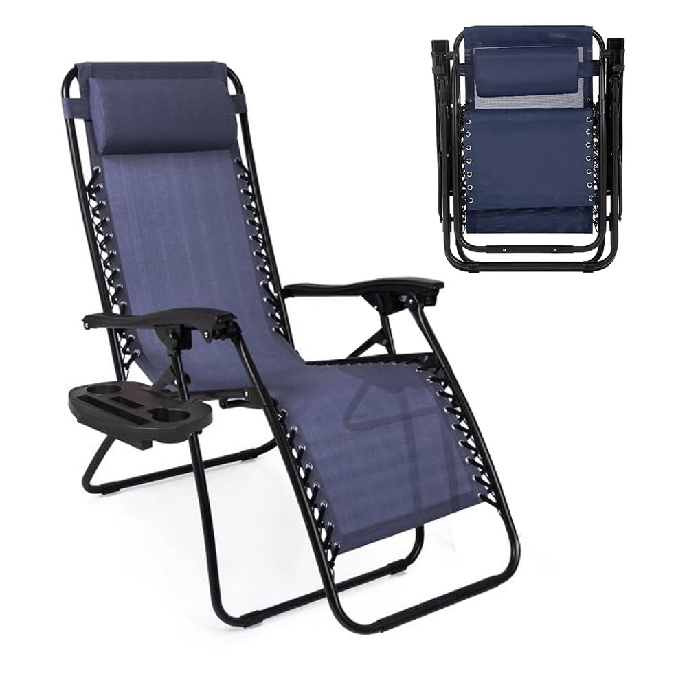 NavyBlue Adjustable Folding Zero Gravity Lounge Chair with Pillow and Cup Holder X392344
