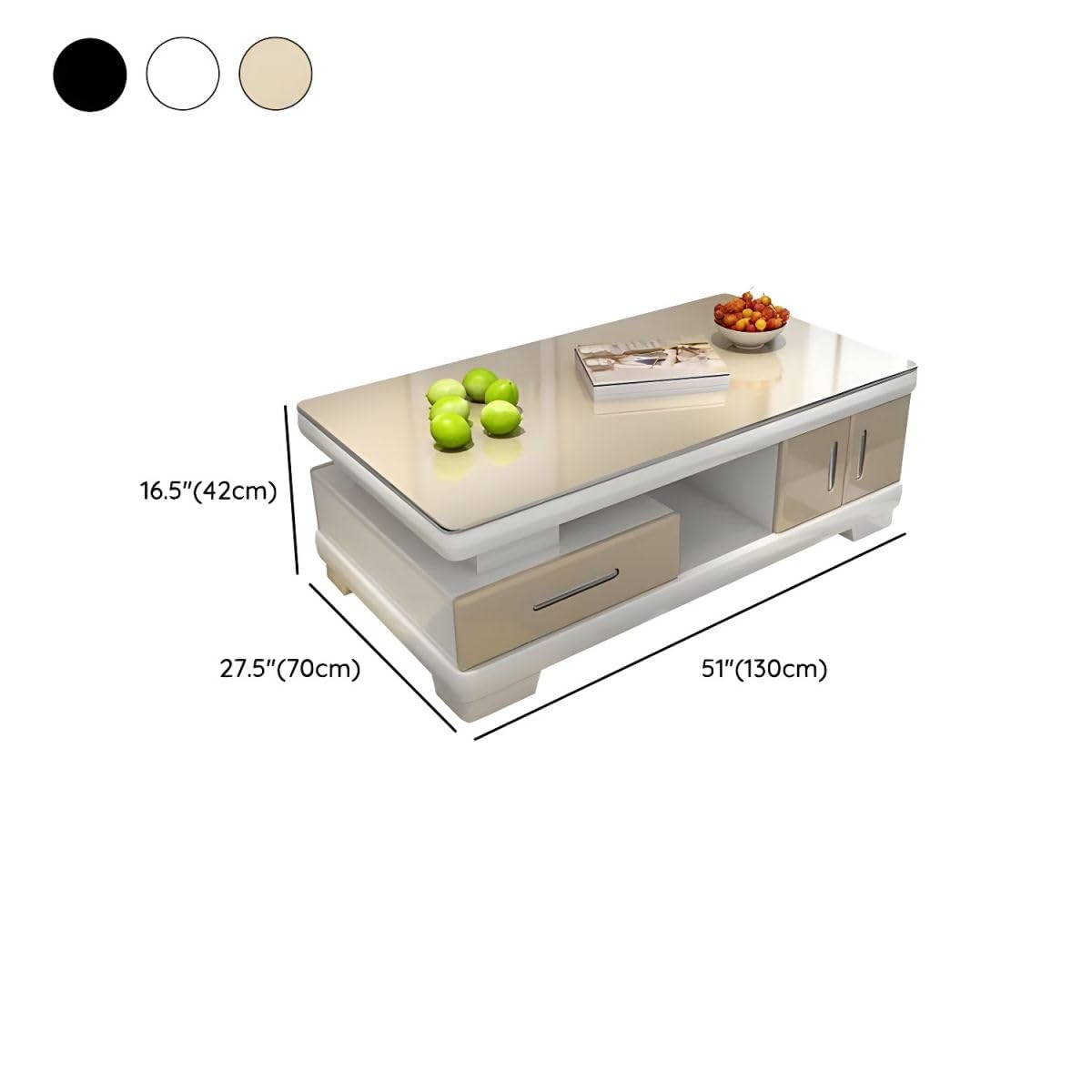 Modern Rectangular Glass Coffee Table with White Wood Base and Storage Y78884