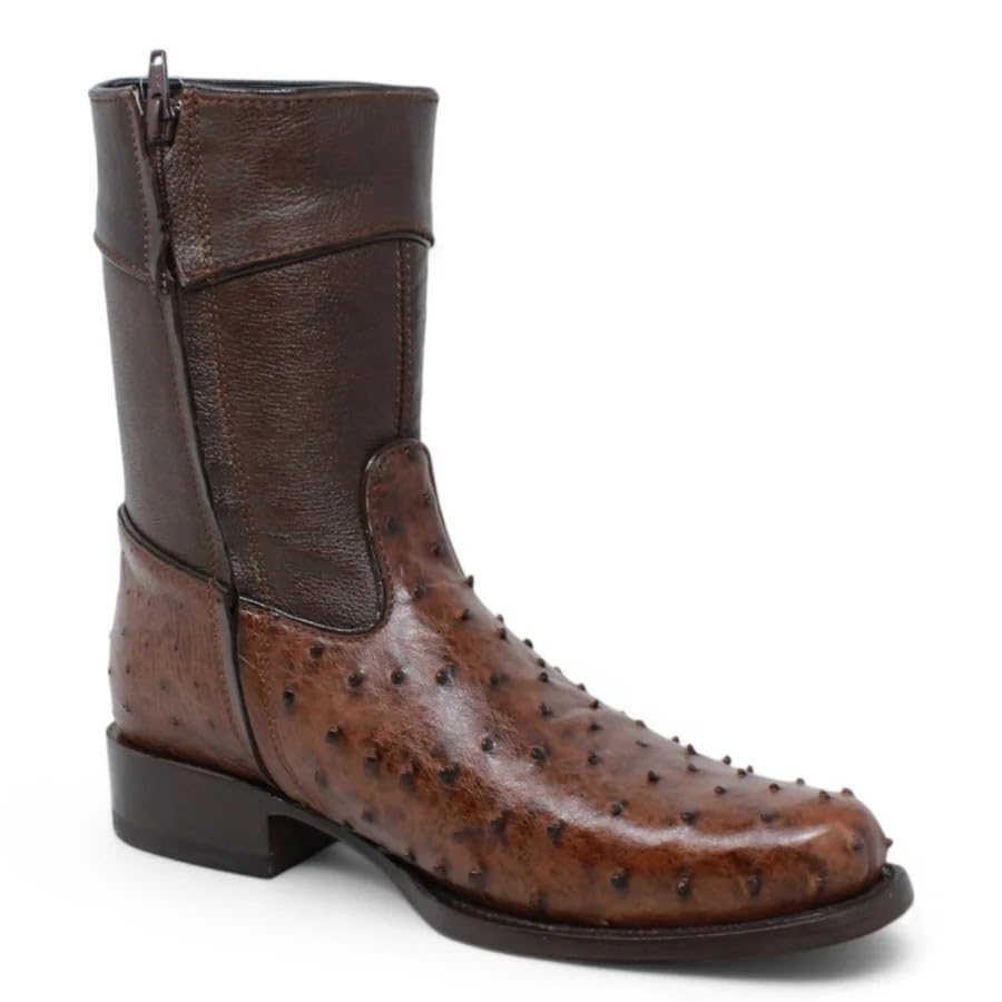 Brown Ostrich Skin Western Cowboy Boots with Zipper S5979
