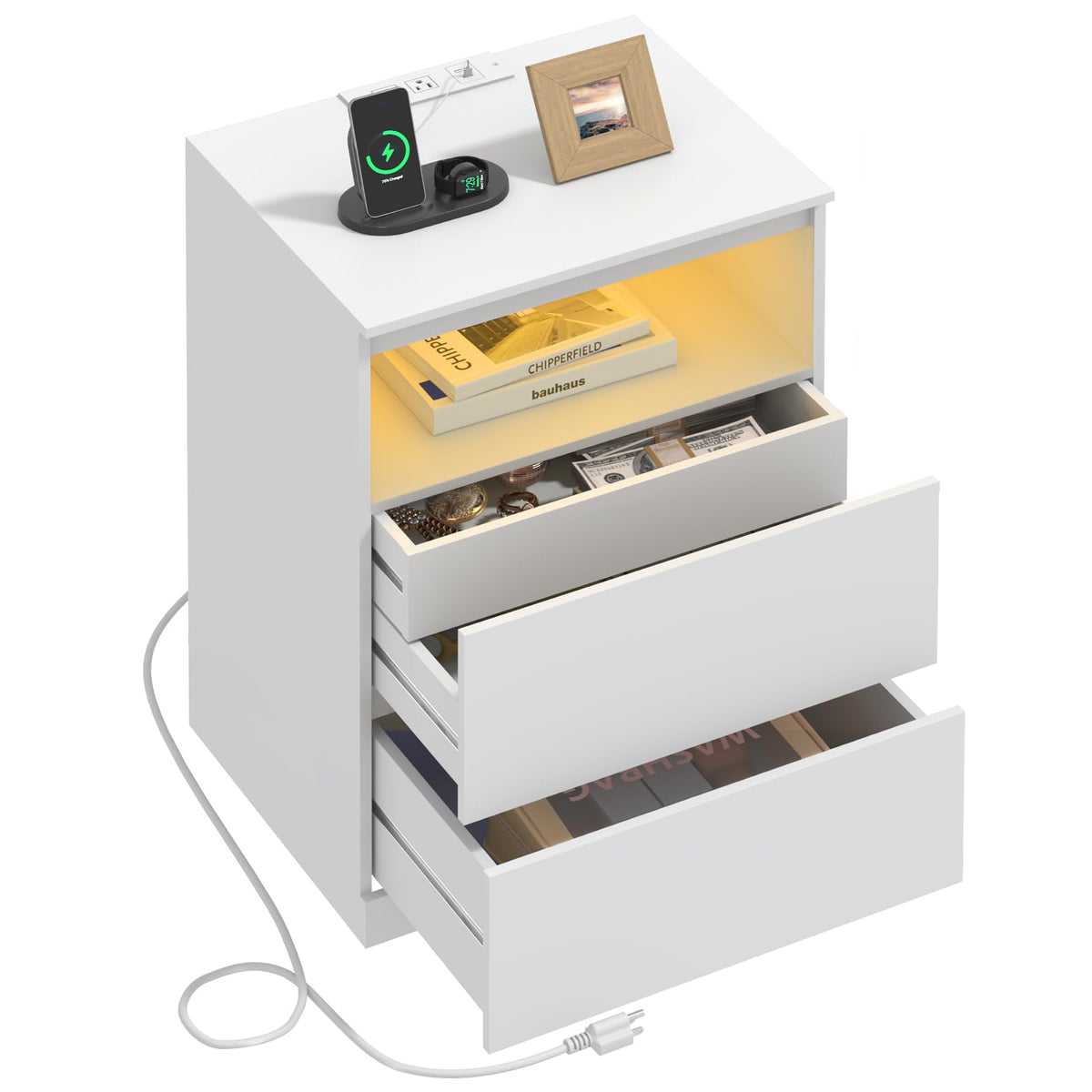 White Nightstand with Charging Station and Hidden Drawer M693