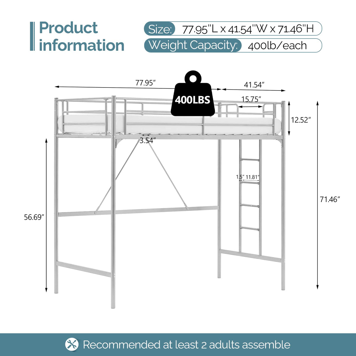 71 Inches Tall Twin Size Metal Loft Bed with Ladder and Safety Guard Rails, Gray P373198