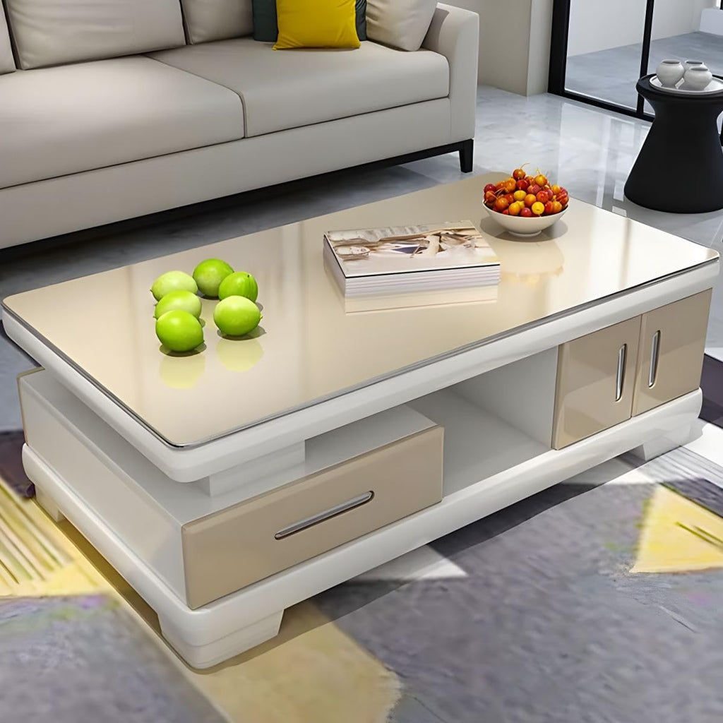 Modern Rectangular Glass Coffee Table with White Wood Base and Storage Y78884