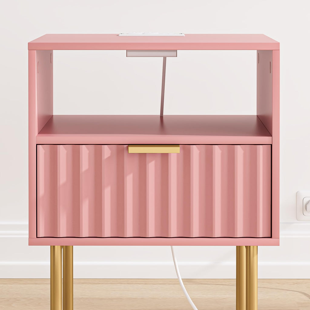 Pink Fluted Nightstand with Charging Station K525