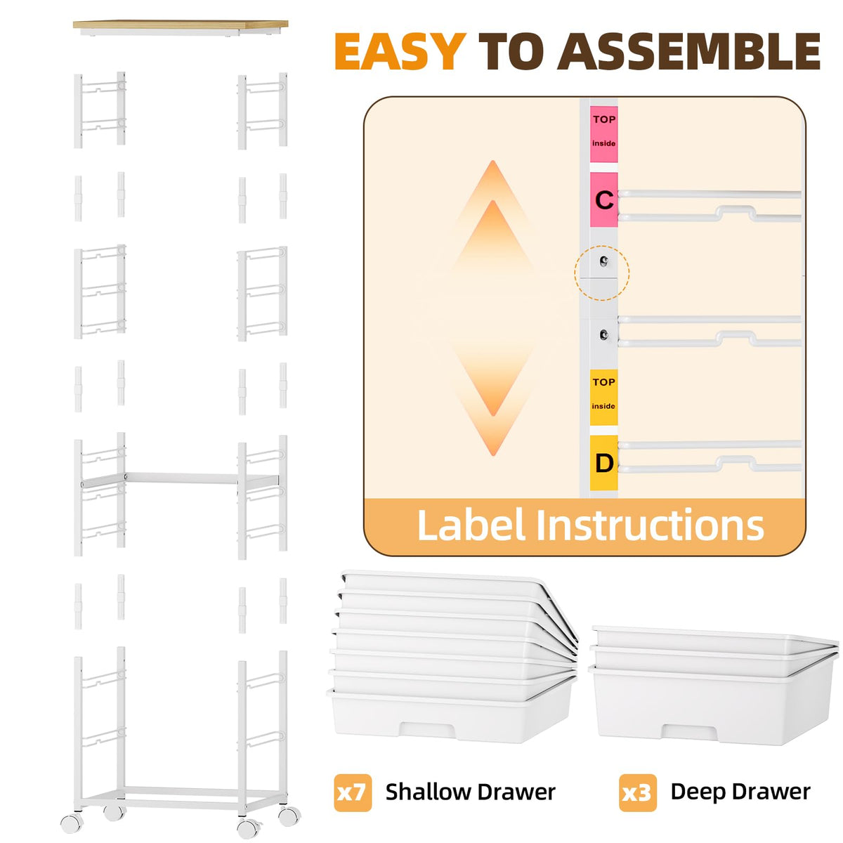 Rolling Storage Cart with 10 Drawers, White X827