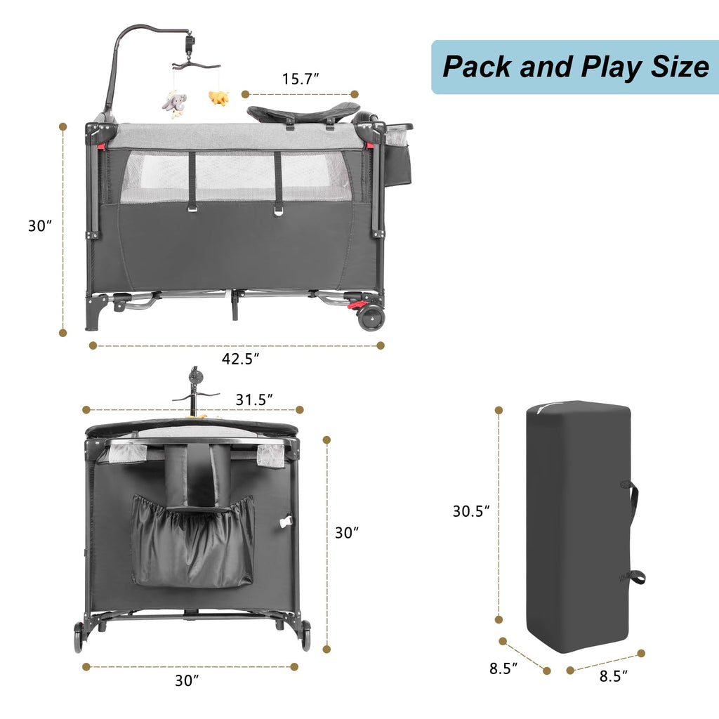 5-in-1 Pack and Play Baby Bassinet Bedside Sleeper Grey A909