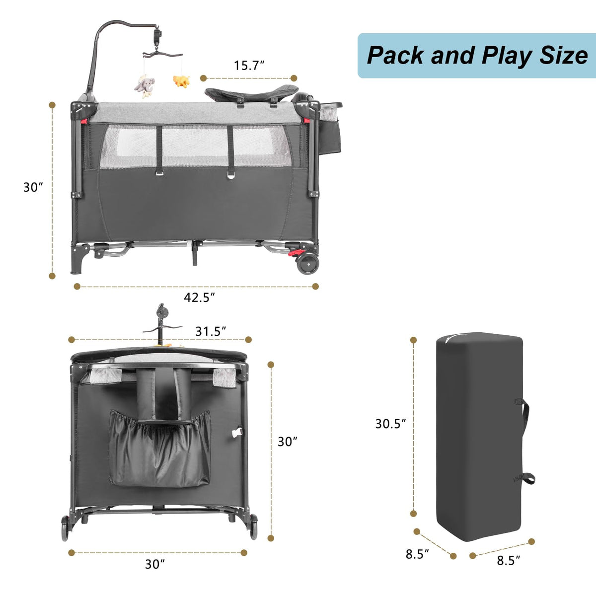 5-in-1 Pack and Play Baby Bassinet Bedside Sleeper Grey A909