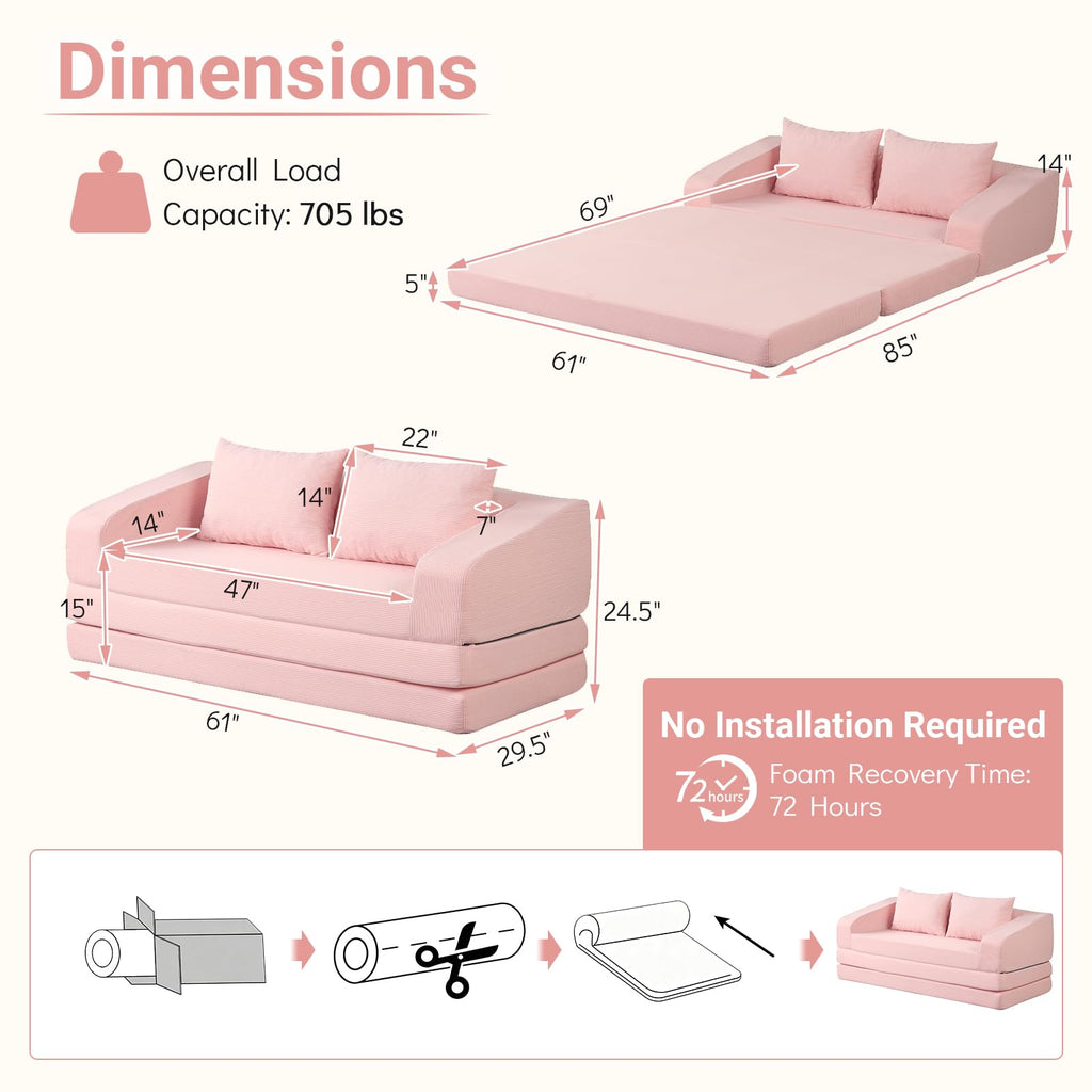 61" Pink Convertible Futon Sofa Bed Q6068