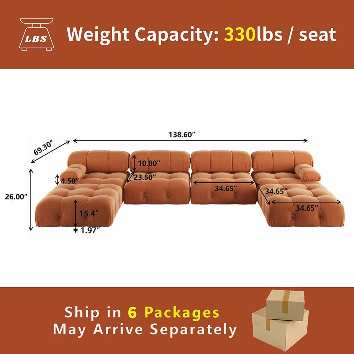 Orange Velvet U-Shaped Sectional Sofa with Chaise Y1659