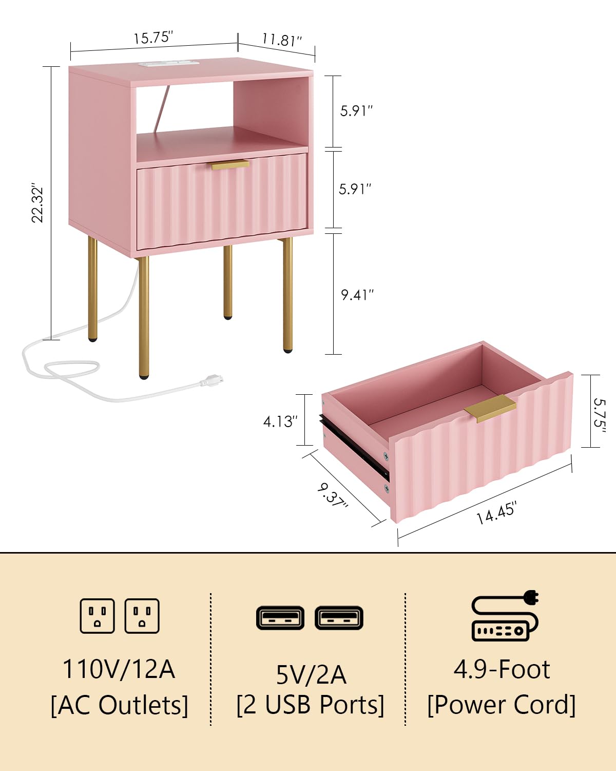 Pink Fluted Nightstand with Charging Station K525