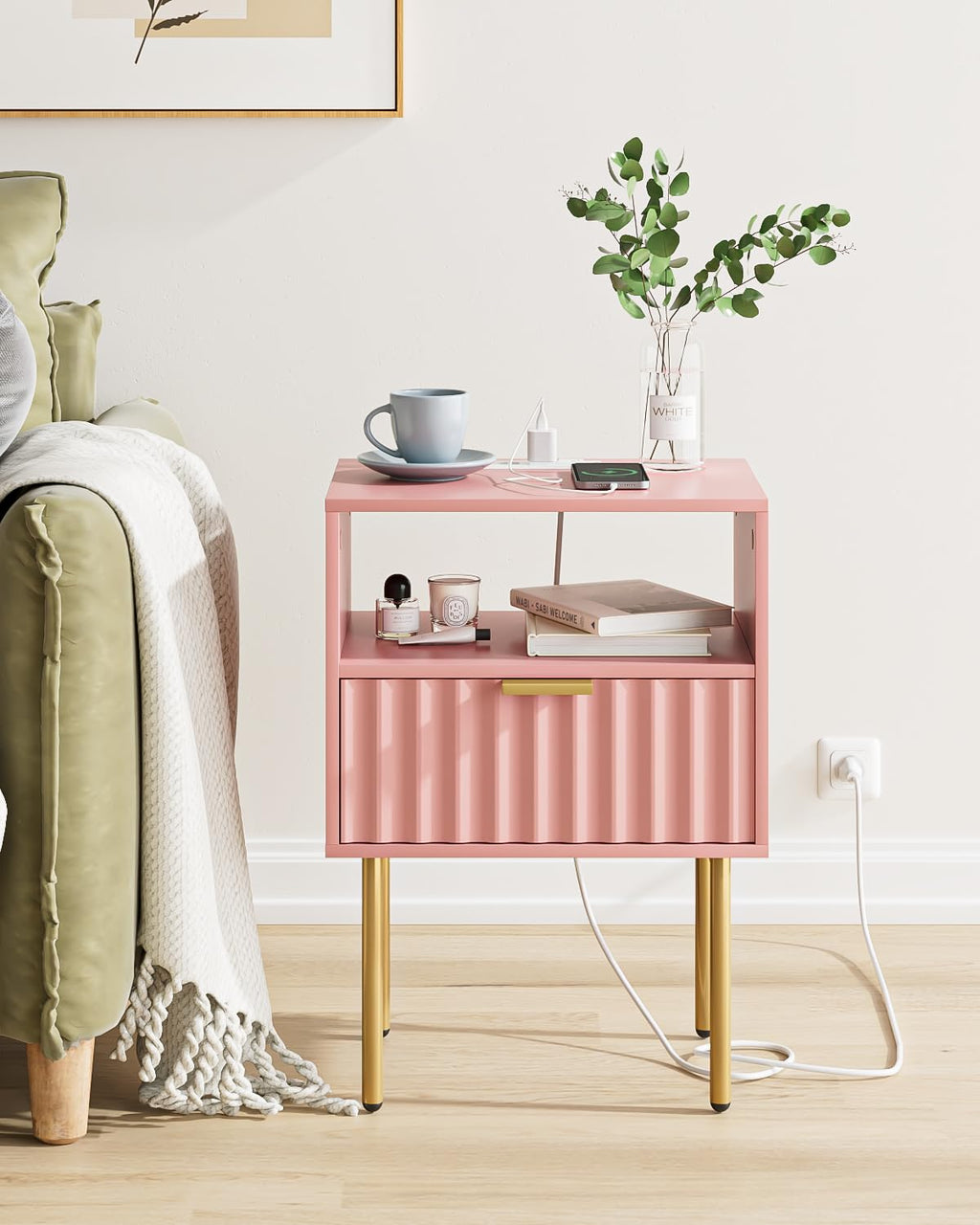 Pink Fluted Nightstand with Charging Station K525
