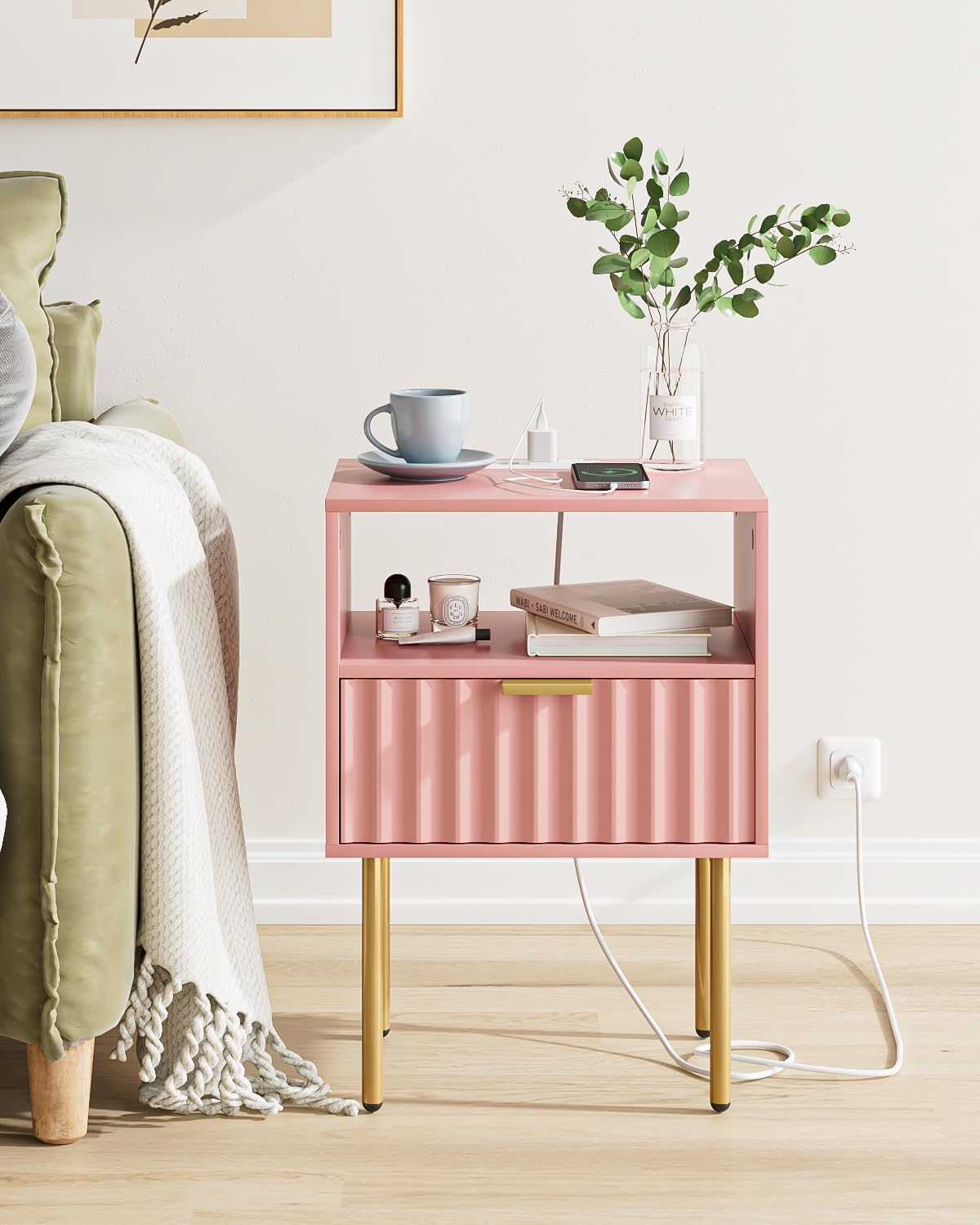 Pink Fluted Nightstand with Charging Station K525