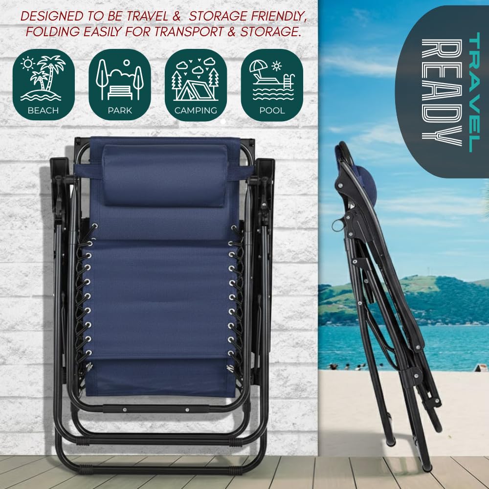 NavyBlue Adjustable Folding Zero Gravity Lounge Chair with Pillow and Cup Holder X392344