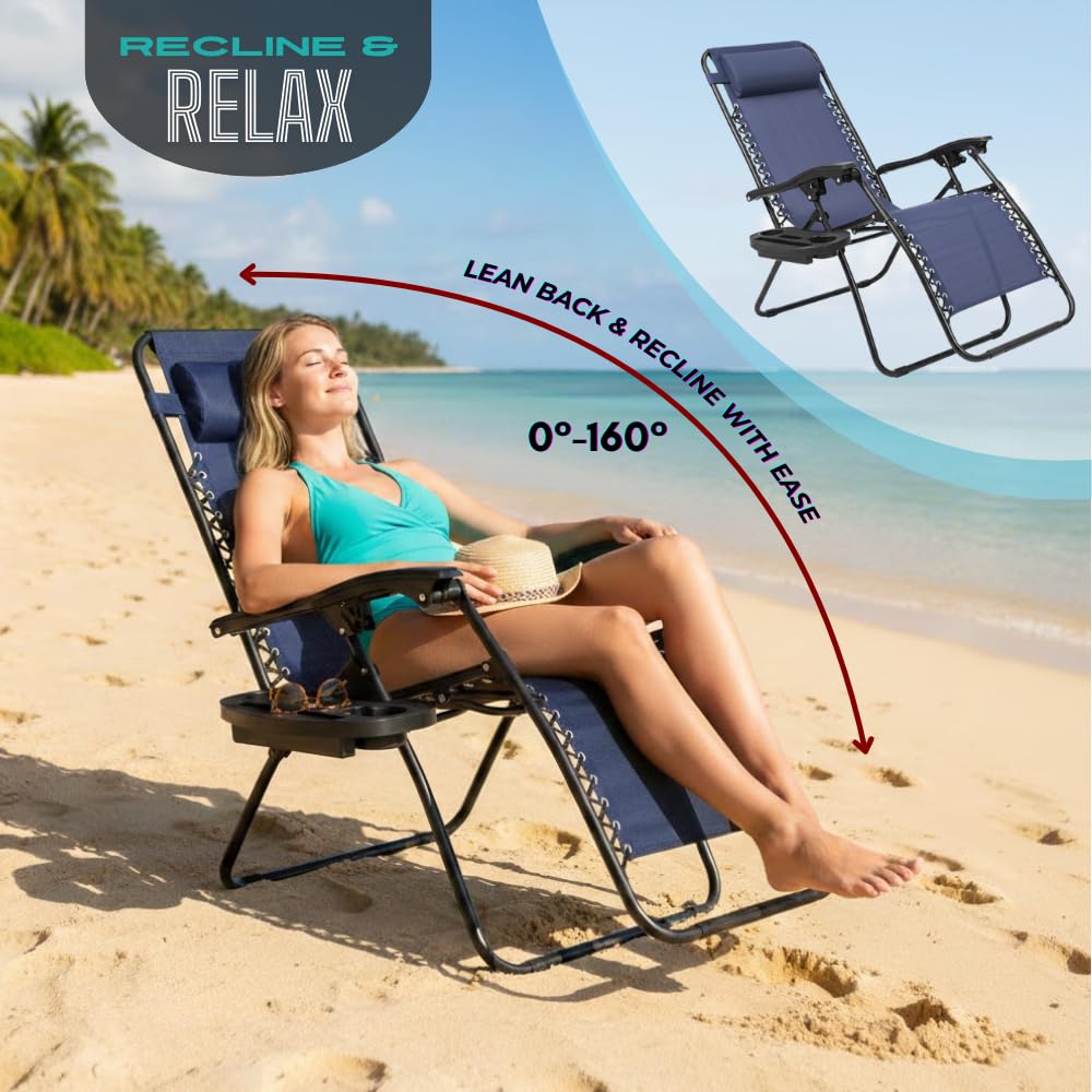 NavyBlue Adjustable Folding Zero Gravity Lounge Chair with Pillow and Cup Holder X392344