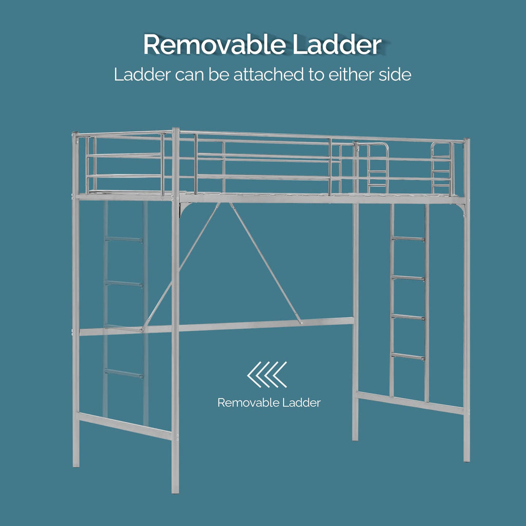 71 Inches Tall Twin Size Metal Loft Bed with Ladder and Safety Guard Rails, Gray P373198