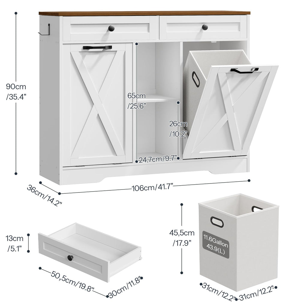 White and Walnut 23 Gallon Laundry Hamper Cabinet with 2 Drawers T352742