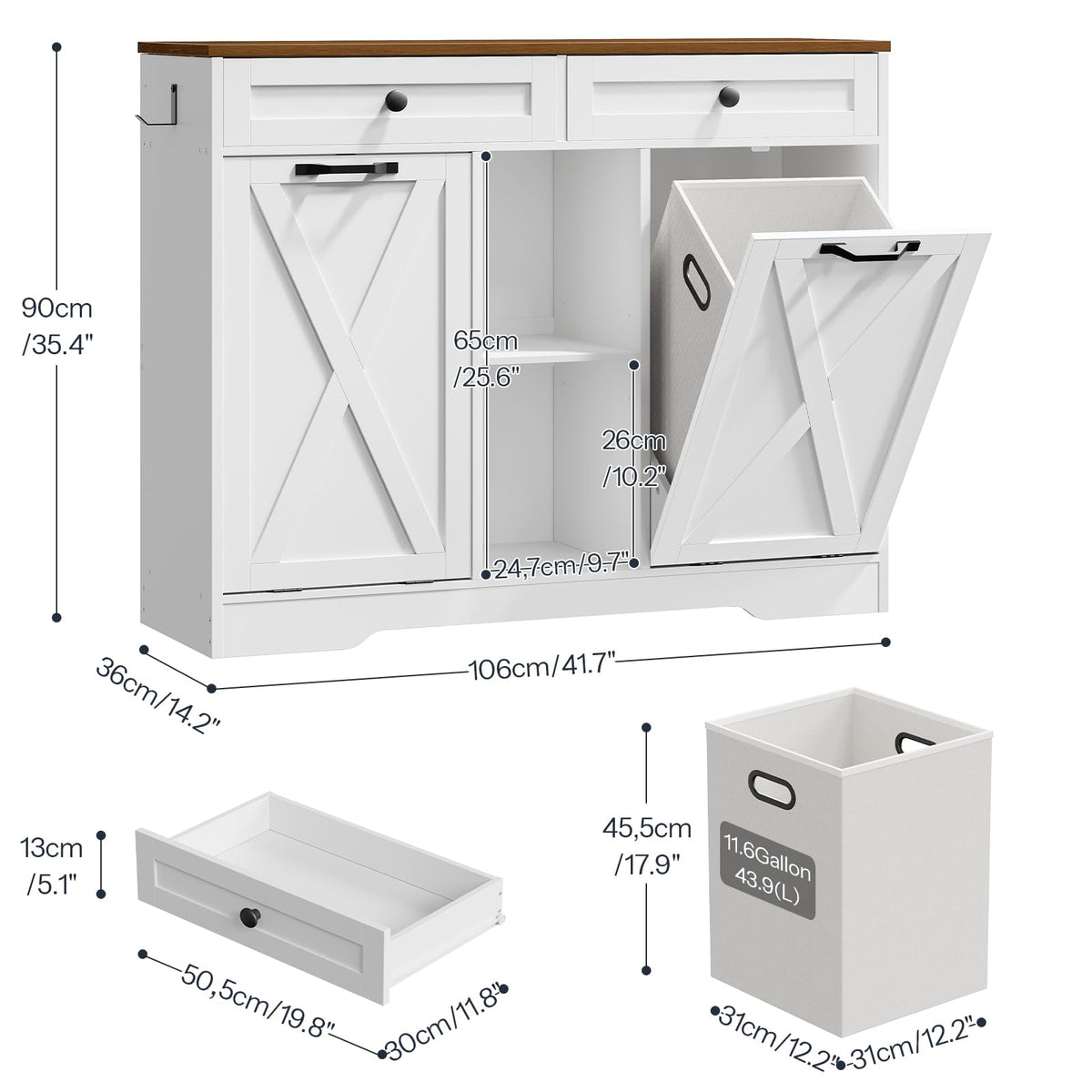 White and Walnut 23 Gallon Laundry Hamper Cabinet with 2 Drawers T352742