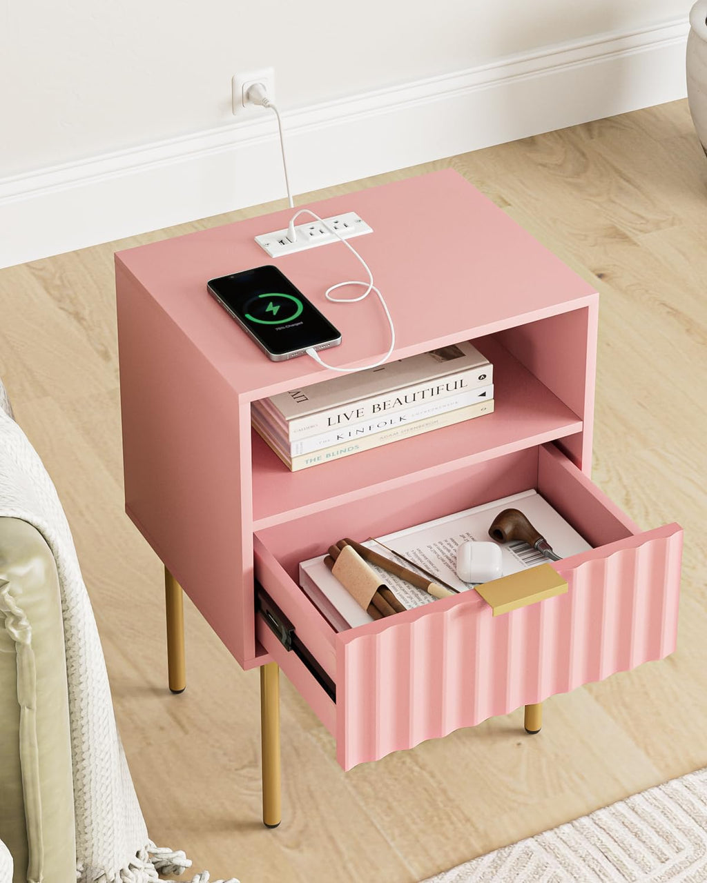 Pink Fluted Nightstand with Charging Station K525