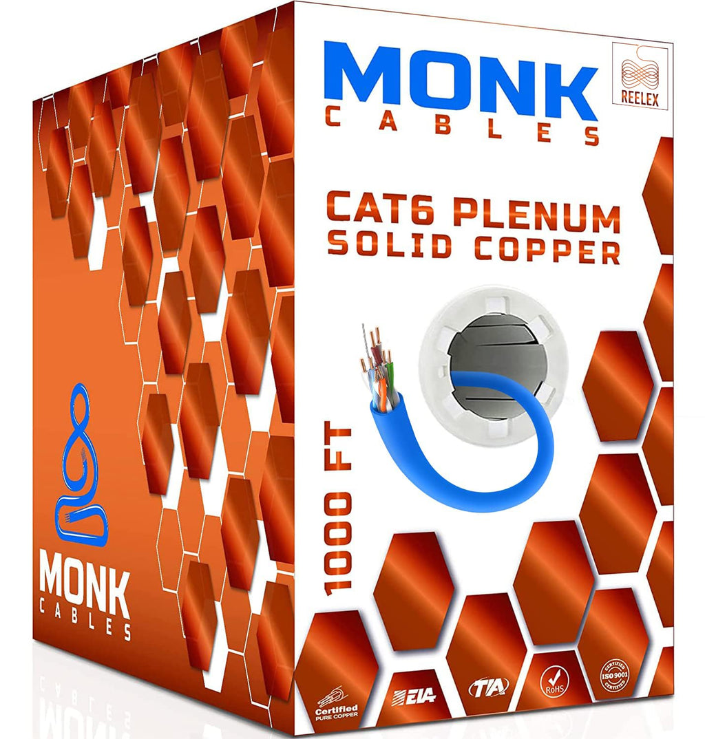 CAT 6 Ethernet Cable 1000ft Pure Bare Solid Copper 23AWG UTP CMP Plenum Blue S375090