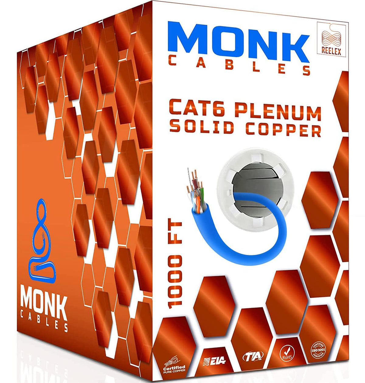 CAT 6 Ethernet Cable 1000ft Pure Bare Solid Copper 23AWG UTP CMP Plenum Blue S375090