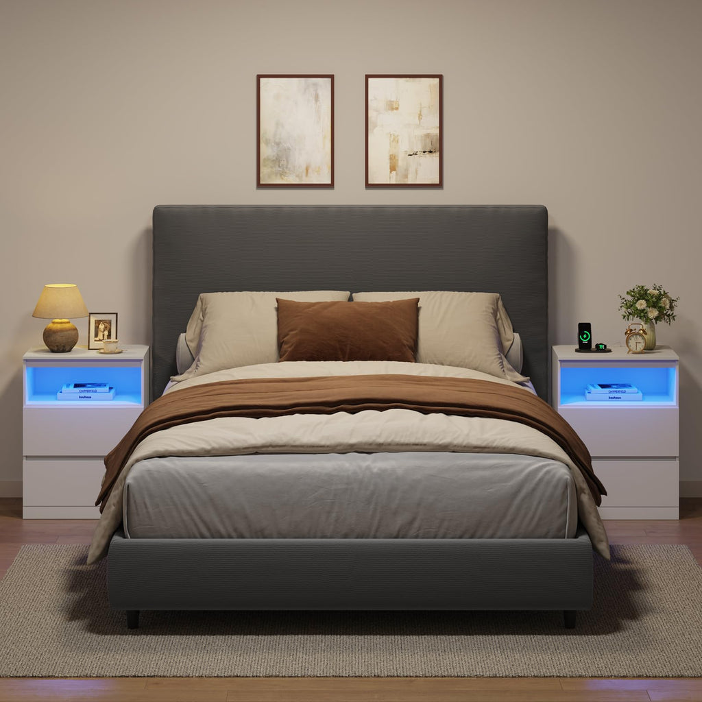 White Nightstand with Charging Station and Hidden Drawer M693