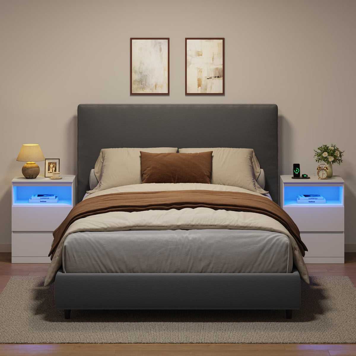 White Nightstand with Charging Station and Hidden Drawer M693