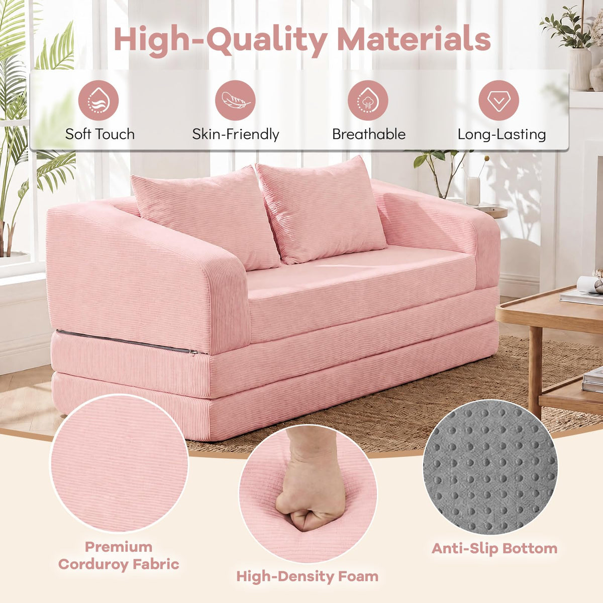 61" Pink Convertible Futon Sofa Bed Q6068