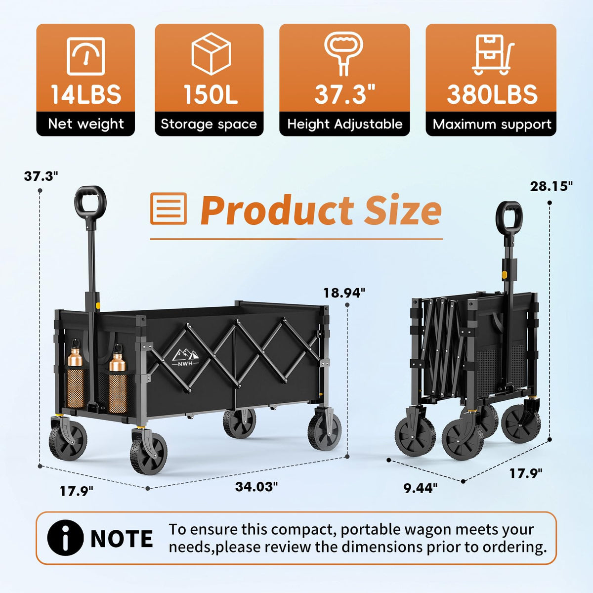 34'' Extra Long Collapsible Wagon, 380lbs Heavy Duty Utility Cart with All-Terrain Wheels V45891