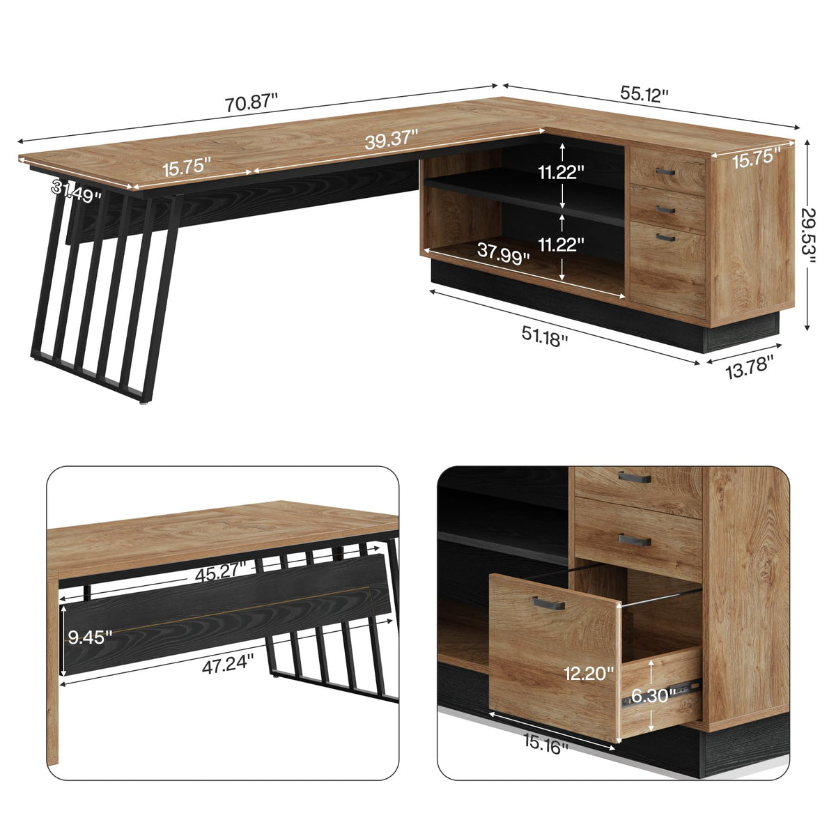 71-Inch L-Shaped Executive Desk with Cabinet R8112