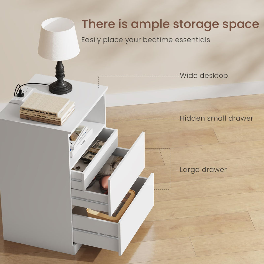 White Nightstand with Charging Station and Hidden Drawer M693