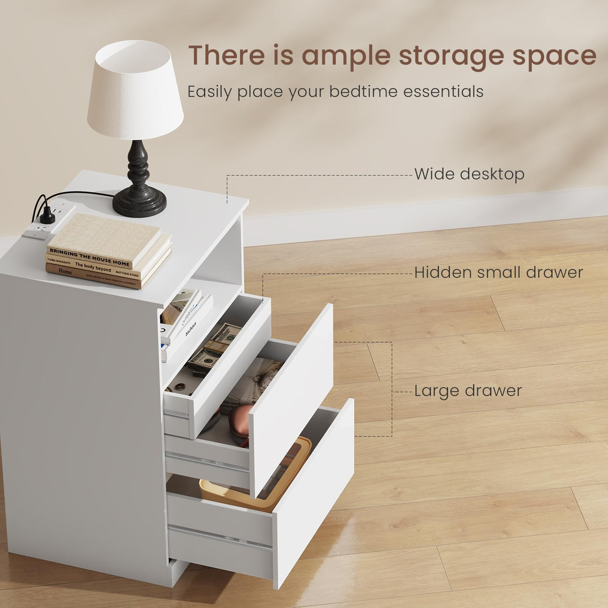 White Nightstand with Charging Station and Hidden Drawer M693