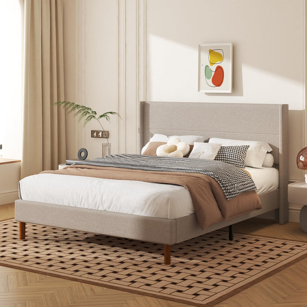 Queen Size Linen Platform Bed Frame with Wingback Headboard F9668