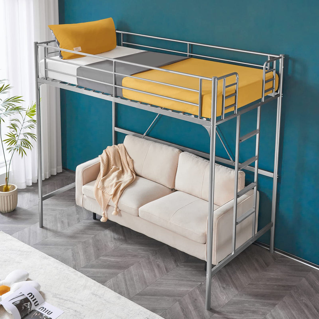 71 Inches Tall Twin Size Metal Loft Bed with Ladder and Safety Guard Rails, Gray P373198
