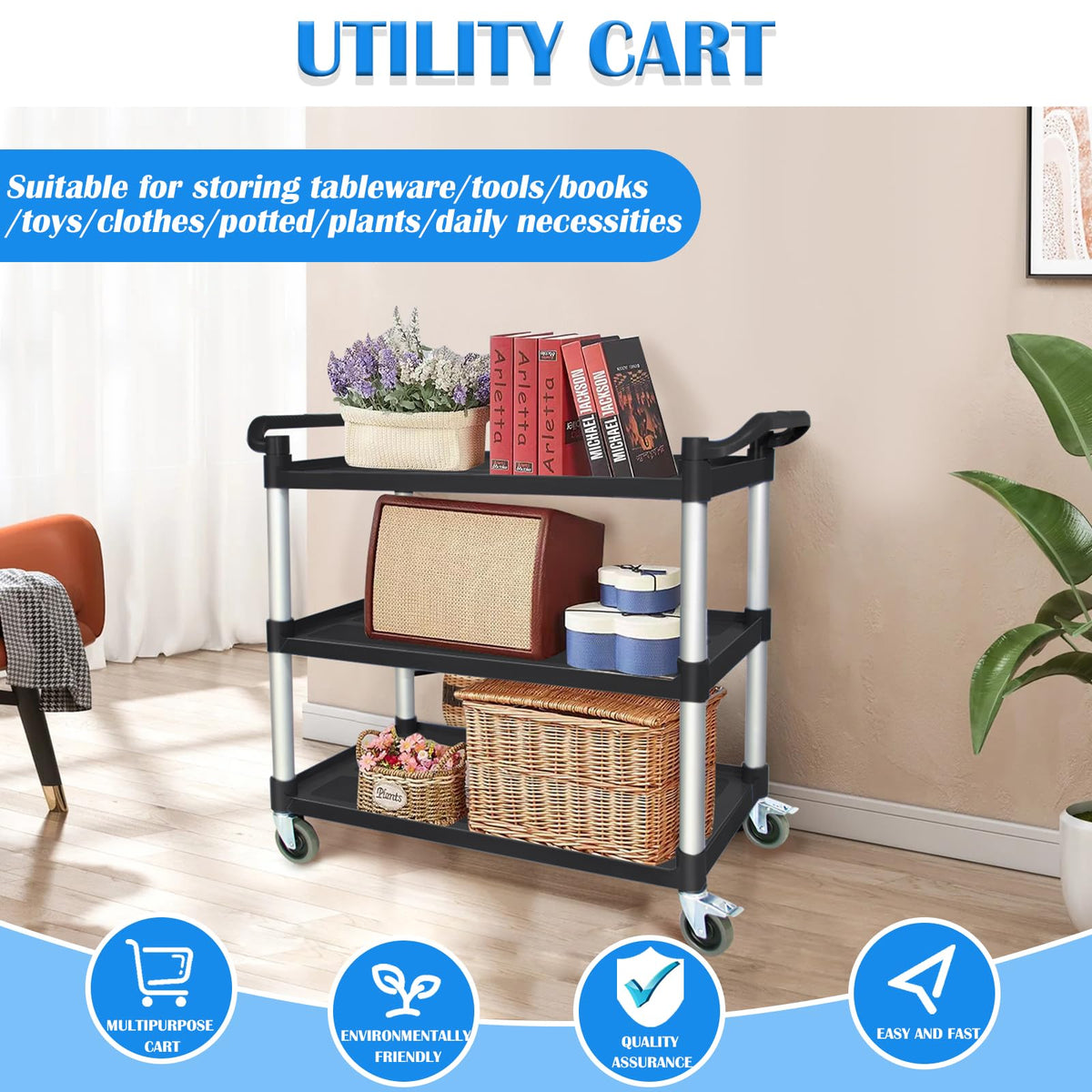 3 Tier Plastic Utility Cart with Wheels D504159