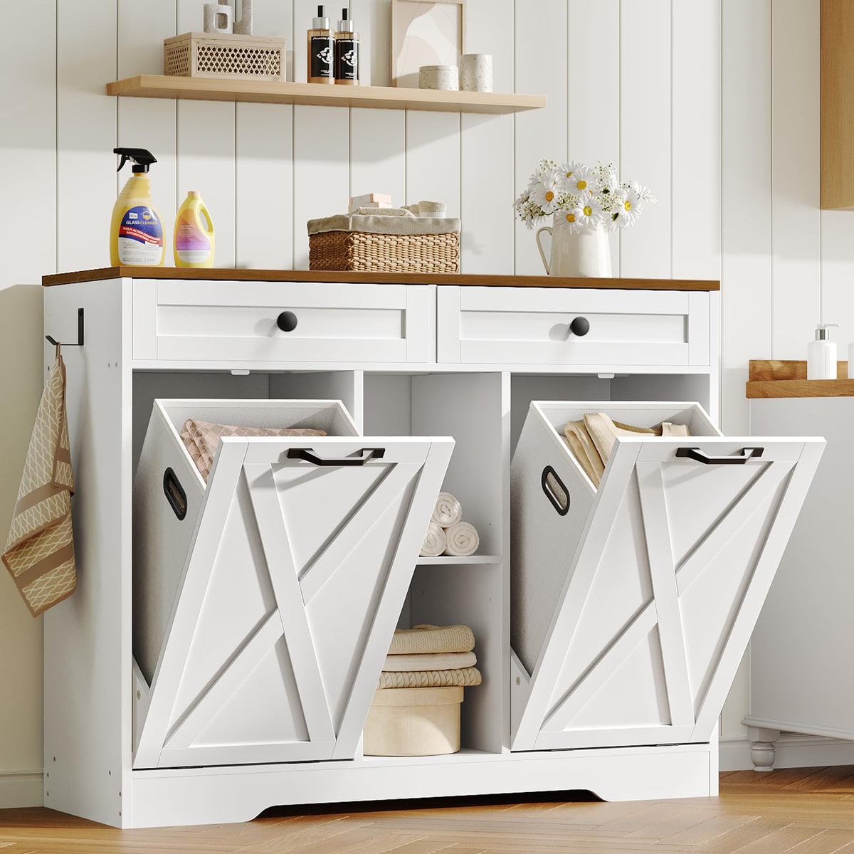 White and Walnut 23 Gallon Laundry Hamper Cabinet with 2 Drawers T352742