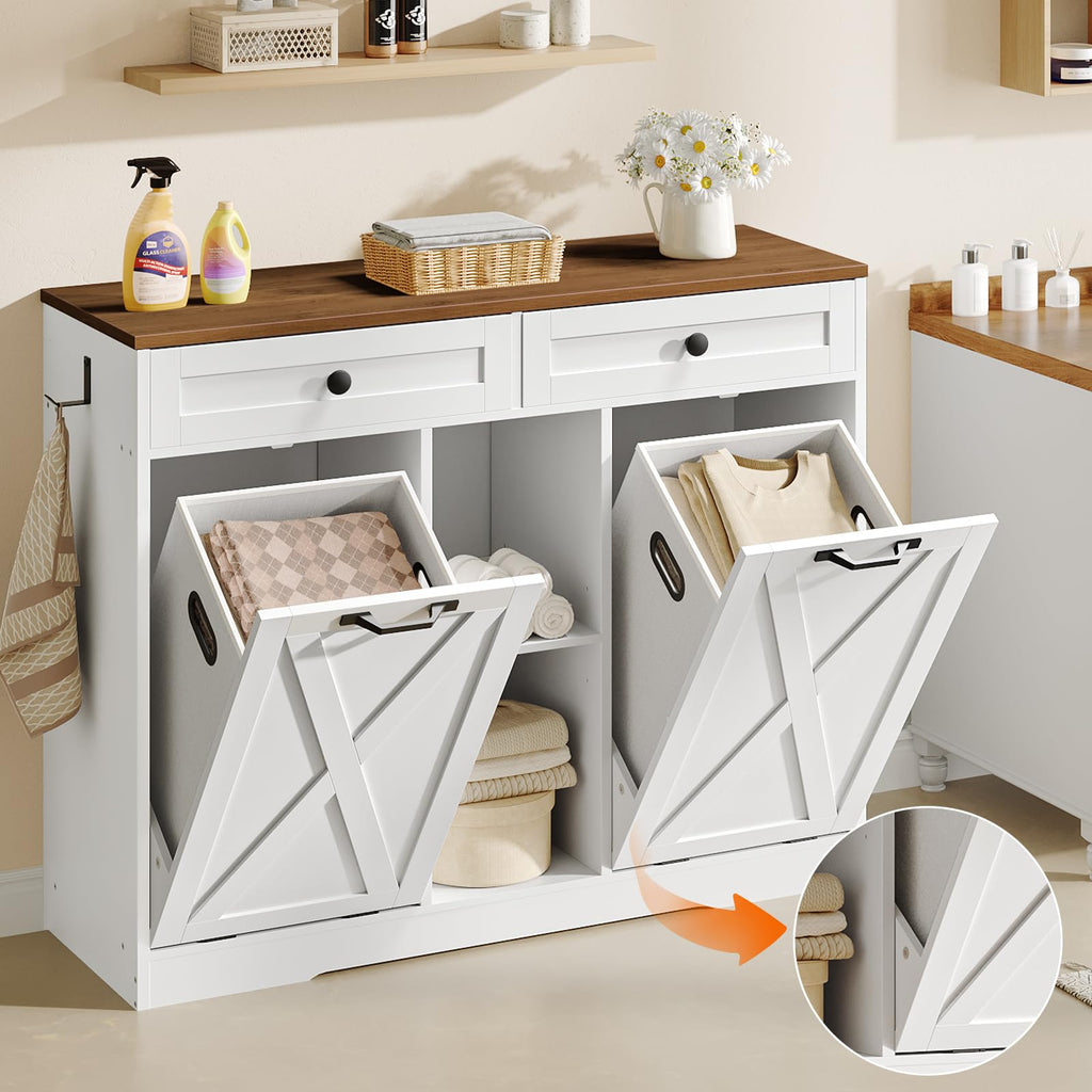 White and Walnut 23 Gallon Laundry Hamper Cabinet with 2 Drawers T352742