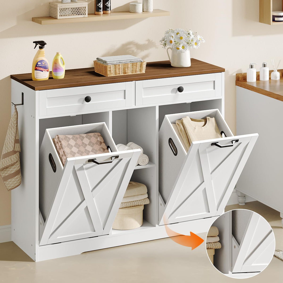 White and Walnut 23 Gallon Laundry Hamper Cabinet with 2 Drawers T352742