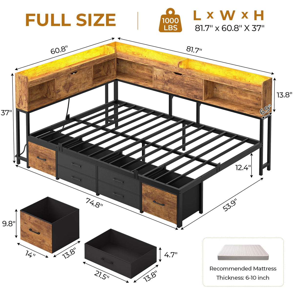 Full Size Corner Bed Frame with 6 Storage Drawers and Bookcase Y93738