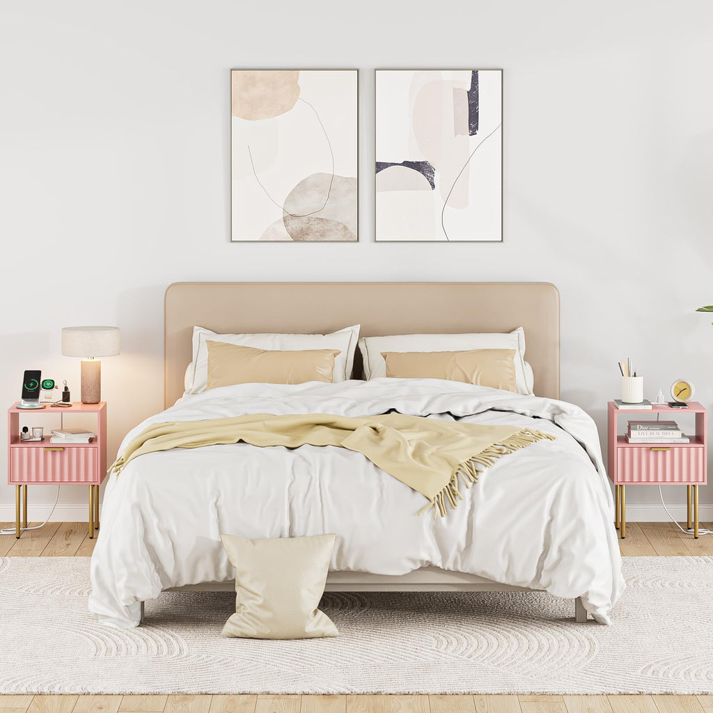 Pink Fluted Nightstand with Charging Station K525