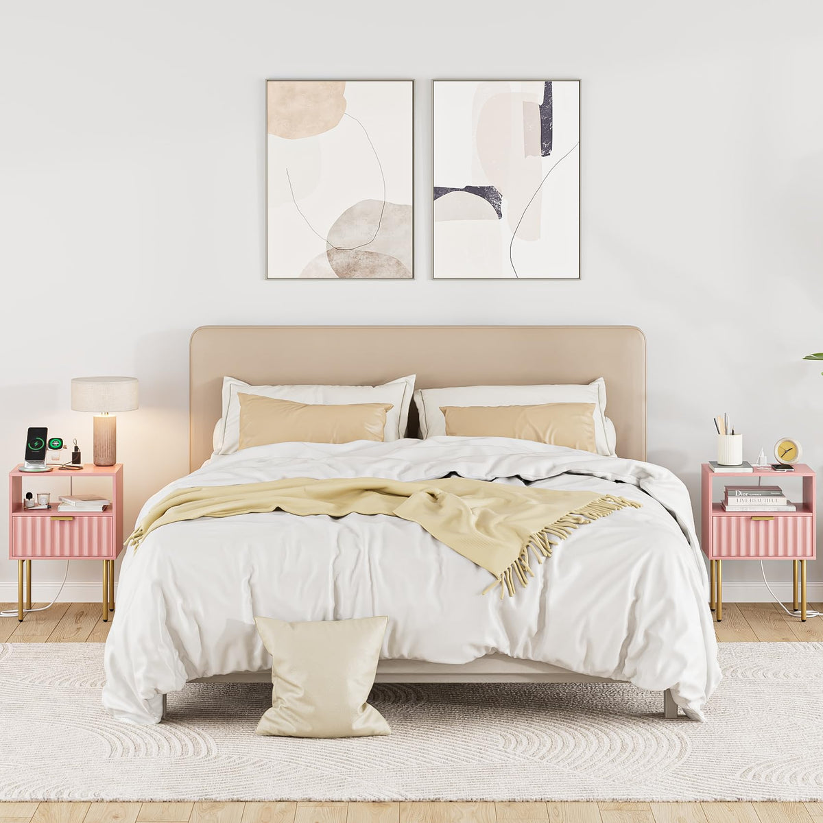 Pink Fluted Nightstand with Charging Station K525
