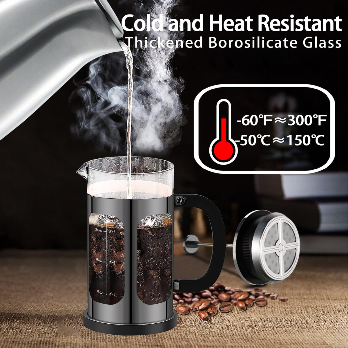 French Press Coffee Maker 34oz with 4 Filters Borosilicate Glass Y6003