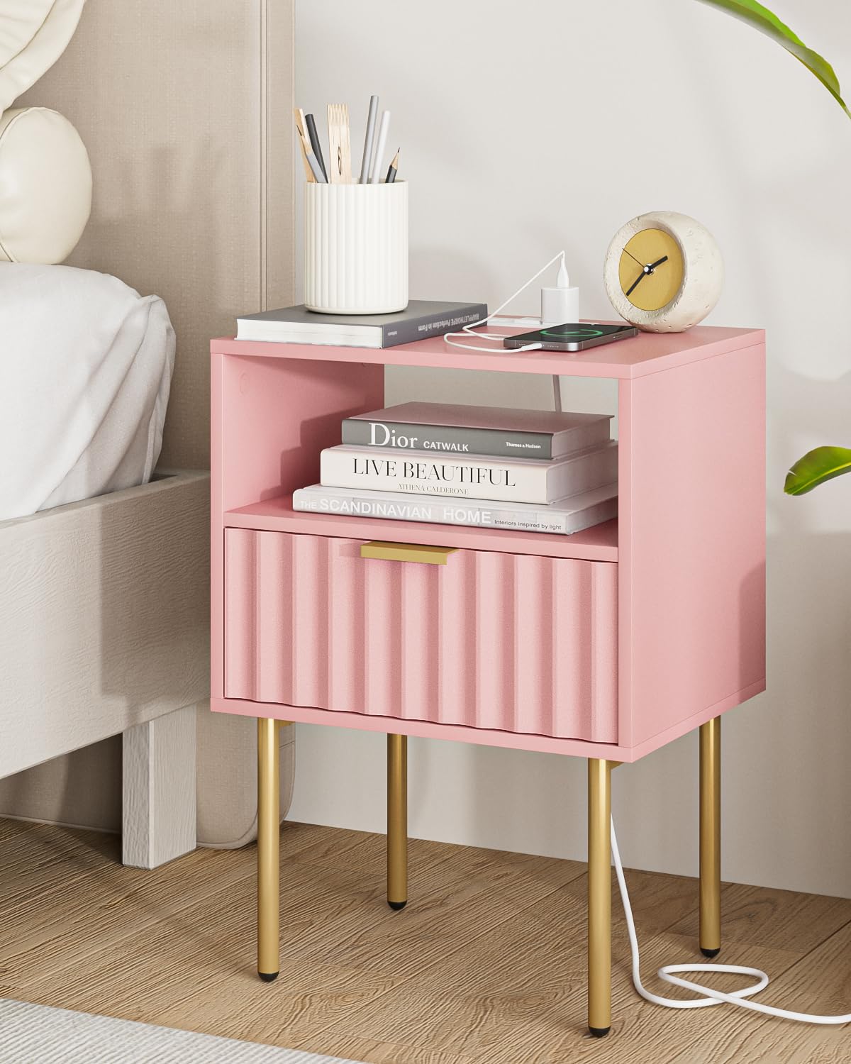 Pink Fluted Nightstand with Charging Station K525
