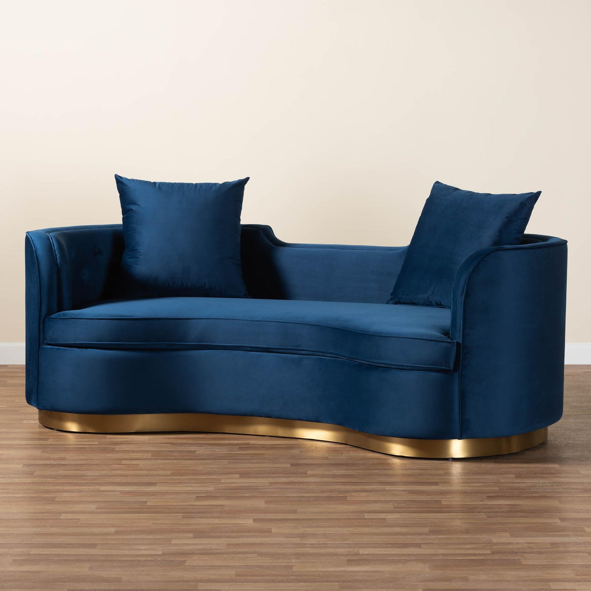 Navy Blue Velvet and Brushed Gold Metal Sofa K46256