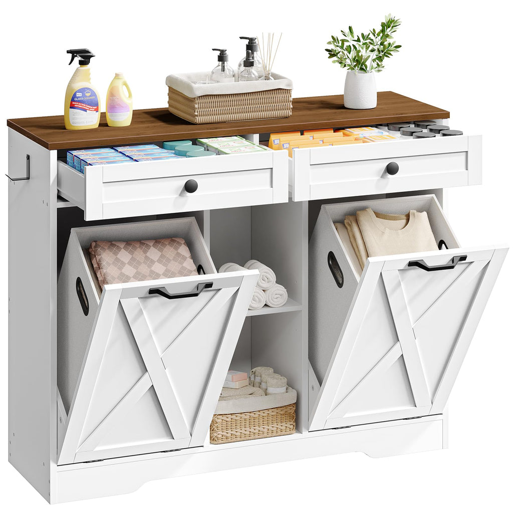 White and Walnut 23 Gallon Laundry Hamper Cabinet with 2 Drawers T352742