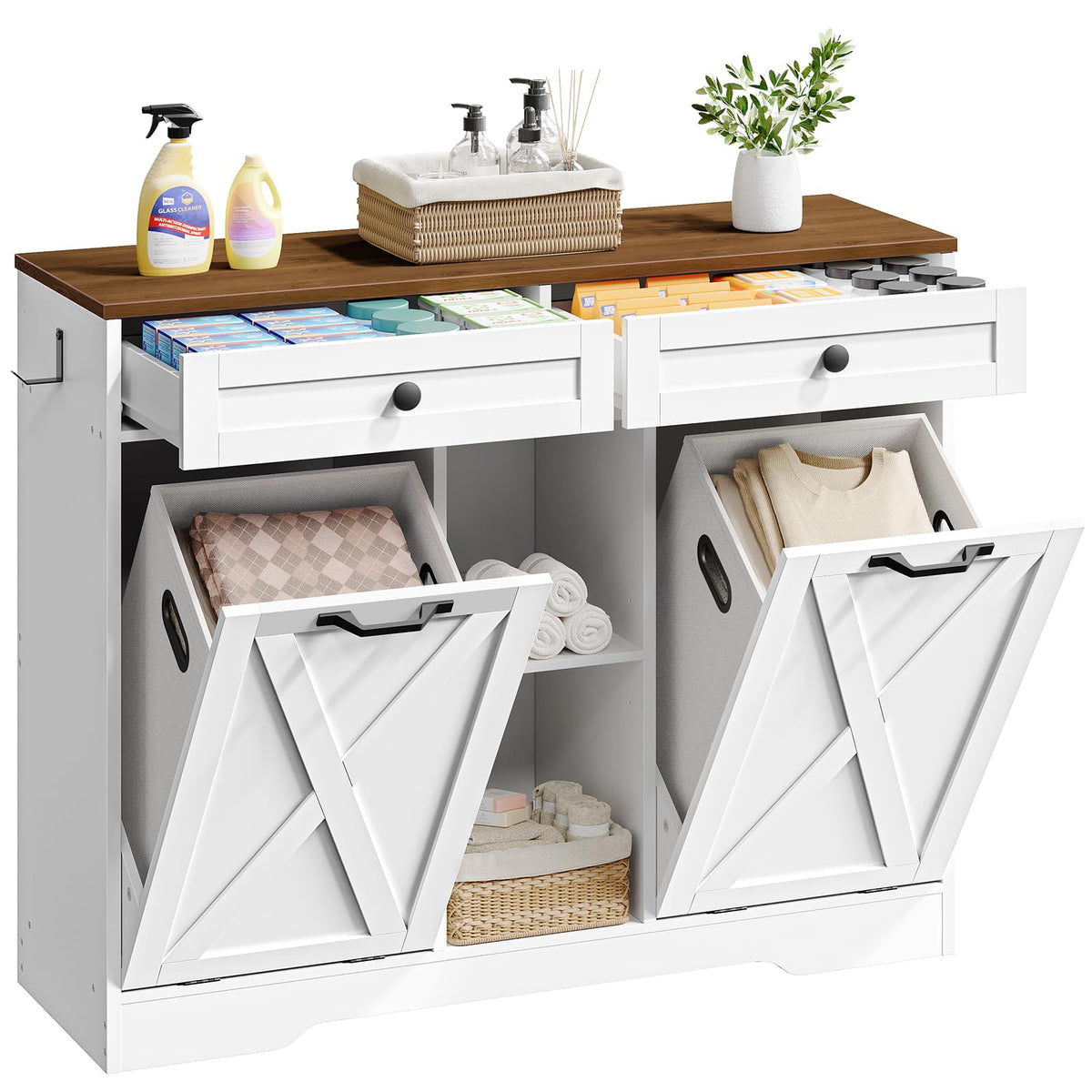 White and Walnut 23 Gallon Laundry Hamper Cabinet with 2 Drawers T352742