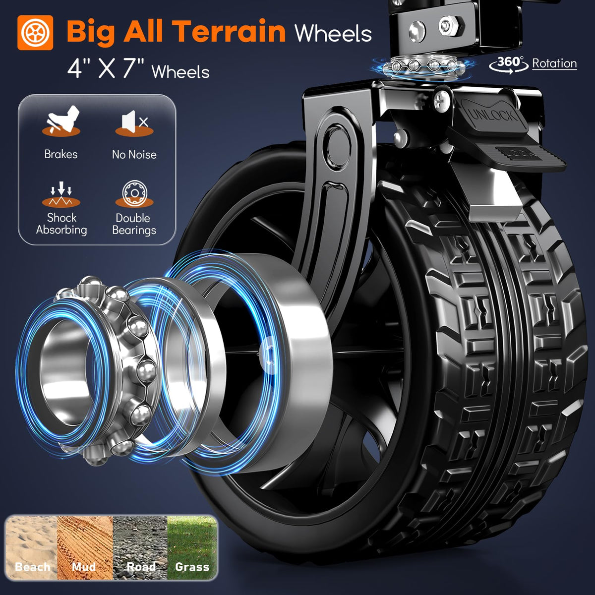 220L Collapsible Beach Wagon Cart with Big Wheels, Black A547