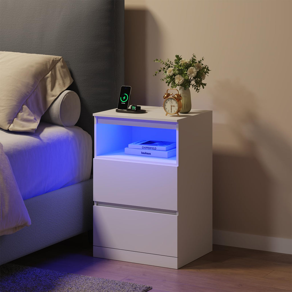 White Nightstand with Charging Station and Hidden Drawer M693